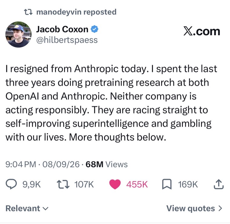 Print do post em que ele anuncia a saída da Anthropic